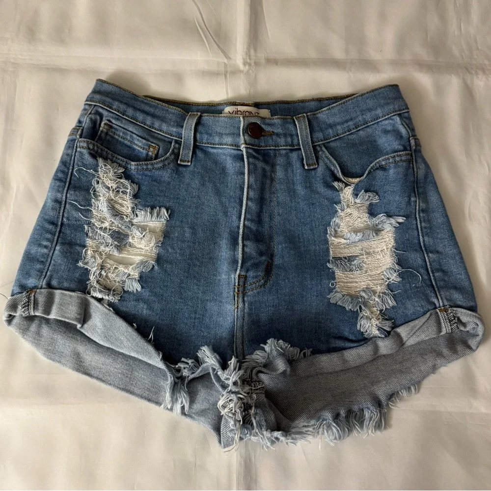 Vibrant M.I.U High Waisted Distressed Blue Denim Shorts